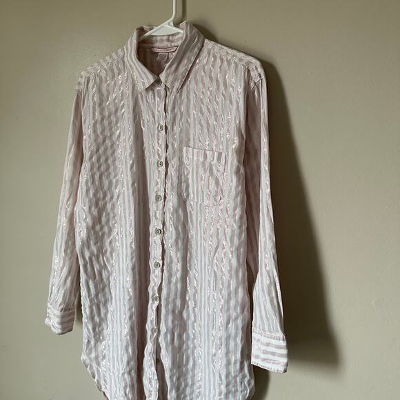 Victoria's Secret Sleep Shirt Womens SMALL Pink Metallic Striped Long Sleeve - Picture 5 of 12